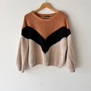 Lulu’s - Autumn Leaves Chevron Stripe Knit Sweater in Tan Multi